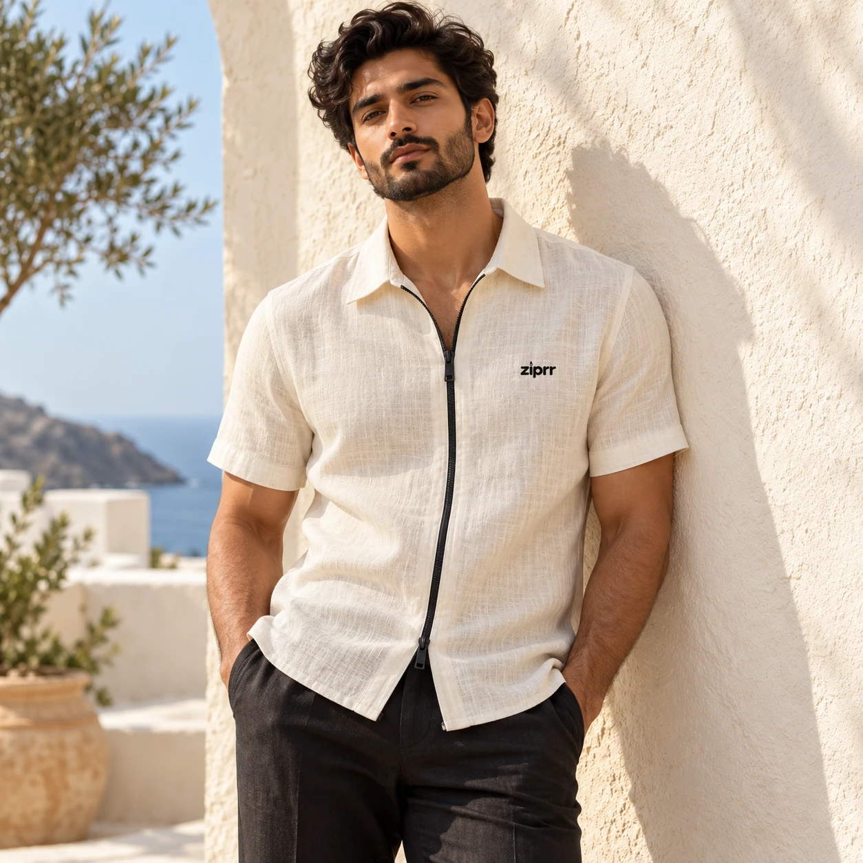 Ivory Slub Linen Zip Resort Shirt